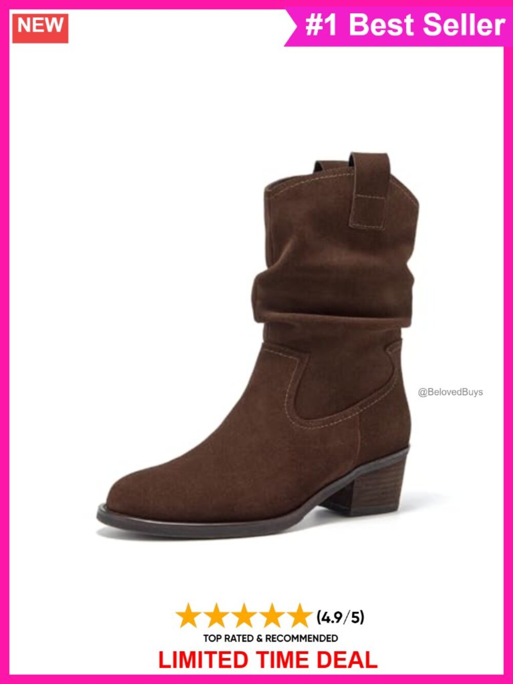 Suede Leather Mid Calf Boots Slouchy Chunky Block Heel Pull On